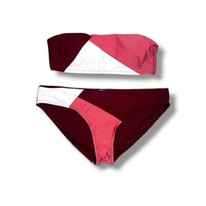 Burgundy Colorblock Bandeau Bikini Set, Top L, Bottom XL